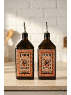 Frolde 2'li Amber 500 ml Cam Yassı Ayçiçek Yağı Zeytinyağı Şişesi Yağdanlık Vintage Retro