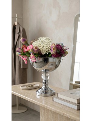 Decodelight Modern Dekoratif Krom Desenli Ayaklı ve Cam Taşlı Beyaz 25 cm Çap Büyük Salon Vazo Masa Üstü Aksesuar Dekor