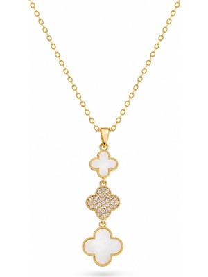 Clariss 316L Çelik Zincir Gold Renk Yonca Detaylı Zirkon Taşlı Kadın Kolye
