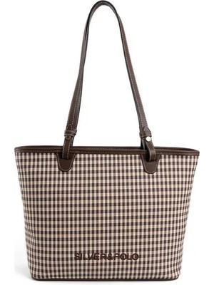 Silver & Polo Silver Polo Kahve Sarı - Kahve Ekose Line Kare Kadın Omuz Çantası SP1204