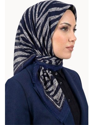 Hadiora Kadın Mavi Lacivert Zebra Desenli Flamlı Eşarp
