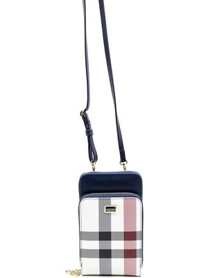 Silver & Polo Silver Polo Beyaz - Lacivert Ekose Kadın Telefon Çantası SP1011
