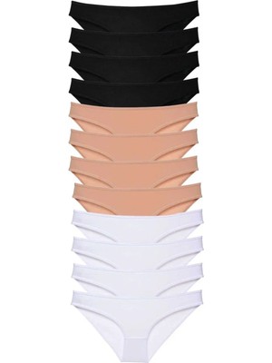 12 Adet Süper Eko Set Likralı Kadın Slip Külot Siyah Ten Beyaz Mudanis Nemere