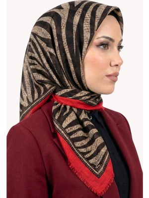 Hadiora Kadın Kırmızı Zebra Desenli Flamlı Eşarp