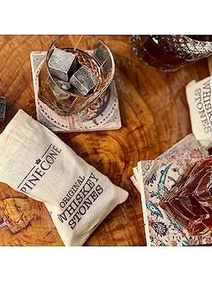 Esmo Home Pinecone 9 Adet Viski Soğutma Taşı Seti Viski Taşı Kesesi Doğal Granit Premium Hediyelik Soğutucu Taş, Pinecone, 2 x 2
