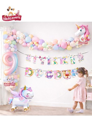 Bkmc Party Tekerlekli Unicorn Doğum Günü Konsept Seti – Çekilebilir Folyo Yaş Balonlu Makaron Balon Zinciri