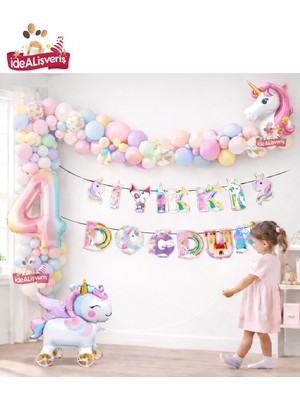 Bkmc Party Tekerlekli Unicorn Doğum Günü Konsept Seti – Çekilebilir Folyo Yaş Balonlu Makaron Balon Zinciri