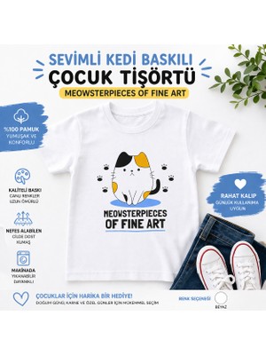 Tişört Kodu Sevimli Kedi Baskılı Çocuk Tişörtü – “meowsterpieces Of Fine Art” Yazılı Eğlenceli Tasarım