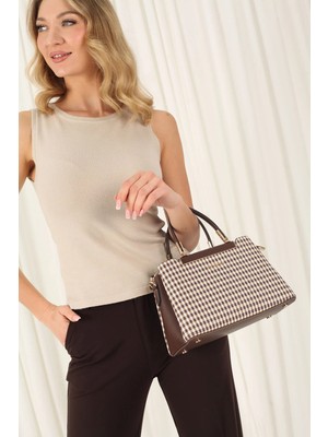 Silver & Polo Silver Polo SP913 Kadın El Çantası Ekose Line Kare Kahve Sarı-Kahve