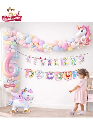 Bkmc Party Tekerlekli Unicorn Doğum Günü Konsept Seti – Çekilebilir Folyo Yaş Balonlu Makaron Balon Zinciri