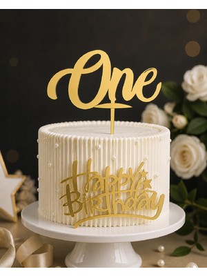 Bkmc Party Luxury First Birthday Cake Set 1 Yaş One Pasta Süsü Seti Pleksi Gold & Gümüş Happy Birthday Pasta Önü Yazı Dekor