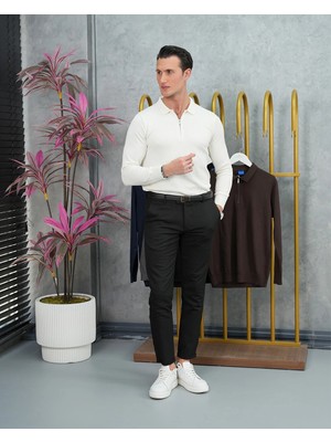 Modefendicom Pamuk Likra Slim Fit Kalıp Yaka Fermuar Detaylı Triko Kazak