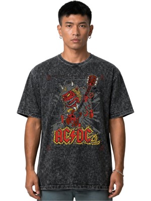 Sevbano Ac Dc Rock Metal Müzik Grubu Ön Baskılı Unisex Oversize Vintage Yıkamalı Tişört