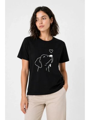 Artsviva Köpek Figürlü Minimal Baskılı Tişört Kısa Kol Yazlık T-Shirt - Siyah