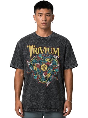 Sevbano Trivium Rock Metal Müzik Grubu Ön Baskılı Unisex Oversize Vintage Yıkamalı Tişört