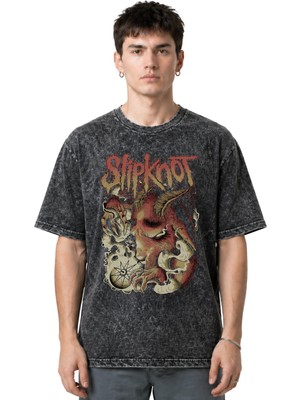 Sevbano Slipknot Rock Metal Müzik Grubu Ön Baskılı Unisex Oversize Vintage Yıkamalı Tişört