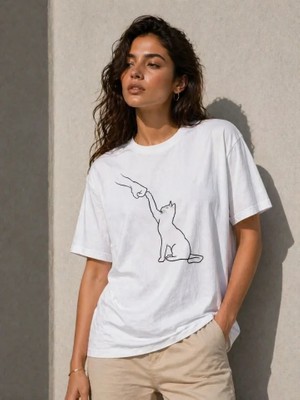 Artsviva Minimal Kedi Çizim Baskılı Tişört Kısa Kol Yazlık T-Shirt - Beyaz