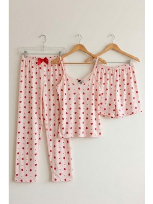 Kokoro Mother & Baby Çilek Desenli Pembe 3'lü Pijama Takımı - Dantelli Askılı Atlet, Uzun Alt ve Şort Set