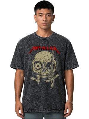 Sevbano Metallica Rock Metal Müzik Grubu Ön Baskılı Unisex Oversize Vintage Yıkamalı Tişört