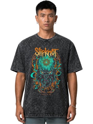 Sevbano Slipknot Rock Metal Müzik Grubu Ön Baskılı Unisex Oversize Vintage Yıkamalı Tişört
