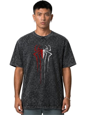 Sevbano Örümcek Adam Spider-Man Logo Kahraman Ön Baskılı Unisex Oversize Vintage Yıkamalı Tişört