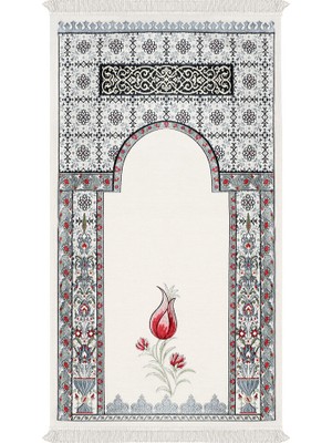 Bursa İpek Krem Osmanlı Lale Desen Kabartmalı Özel Dokuma Seccade