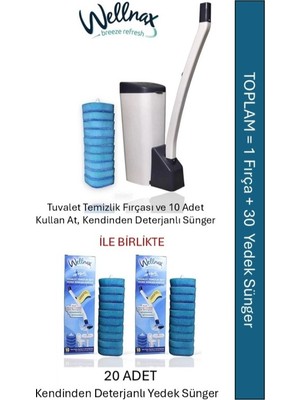 Wellnax Breeze Refresh Wellnax, Süngerli Tuvalet Temizlik Seti (1 Adet) + Kendinden Deterjanlı 10'lu Yedek Sünger (2 Adet)