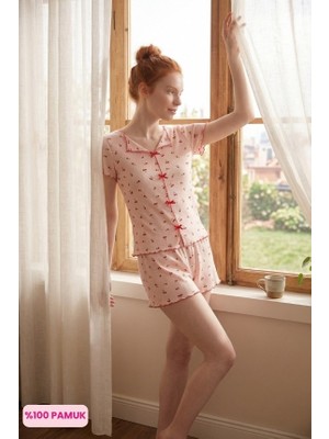Çağrı Homewear Kadın Kayık Yaka Düğmesiz Fitilli Kaşkorse Kumaş Fiyonklu %100 Pamuk Kısa Kol Şortlu Pijama Takımı