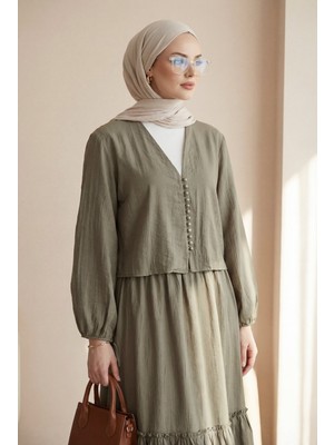 Moda Morfo V Yaka Kolları Bağcıklı Top Düğmeli Etekli Viskon Takım  -Toprak