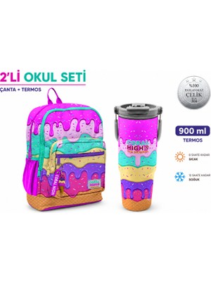 Coral High Pembe Dondurma Okul Çantası 23731+ÇELIK Termos 900 ml 38741