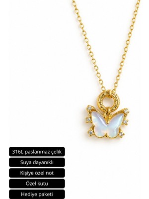 Herşey Nota Butterfly Figürlü Kadın Kolye Altın Renk 316L Paslanmaz Çelik Şık Tasarım Hediye
