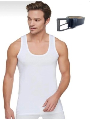 Seher Erkek Beyaz 6'lı Paket Klasik Penye Atlet Lacivert Kemer