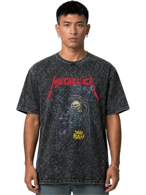 Sevbano Metallica Rock Metal Müzik Grubu Ön Baskılı Unisex Oversize Vintage Yıkamalı Tişört