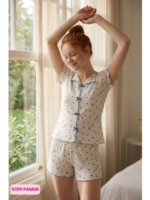 Bie's Kadın Kayık Yaka Düğmesiz Fitilli Kaşkorse Kumaş Fiyonklu %100 Pamuk Kısa Kol Şortlu Pijama Takımı