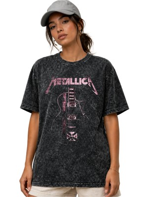 Sevbano Metallica Rock Metal Müzik Grubu Ön Baskılı Unisex Oversize Vintage Yıkamalı Tişört