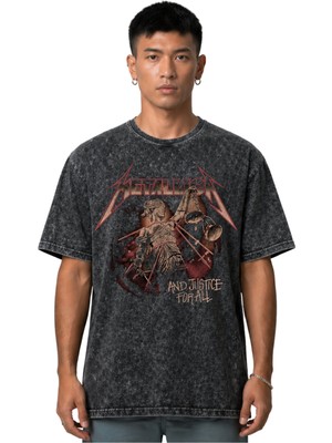 Sevbano Metallica Rock Metal Müzik Grubu Ön Baskılı Unisex Oversize Vintage Yıkamalı Tişört