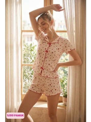 Bie's Kadın Kayık Yaka Düğmesiz Fitilli Kaşkorse Kumaş Fiyonklu %100 Pamuk Kısa Kol Şortlu Pijama Takımı