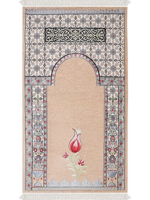 Bursa İpek Bej Osmanlı Lale Desen Kabartmalı Özel Dokuma Seccade