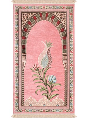Bursa İpek Pembe Mihrap Lale Desen Kabartmalı Özel Dokuma Seccade