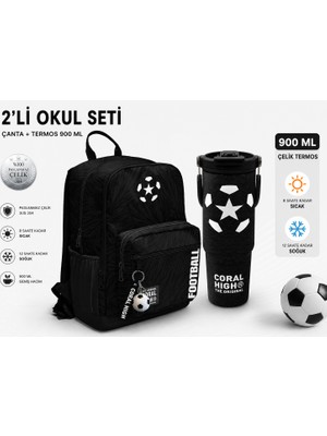 Coral High Siyah Futbol Desenli Okul Sırt Çantası 23698+ÇELIK Termos 900 ml 38722
