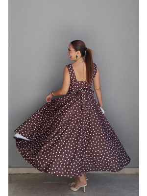 Purple By Banu Kahverengi Puantiyeli Maxi Elbise
