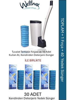 Wellnax Breeze Refresh Wellnax, Süngerli Tuvalet Temizlik Seti (1 Adet) + Kendinden Deterjanlı 10'lu Yedek Sünger (3 Adet)