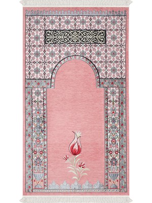 Bursa İpek Pembe Osmanlı Lale Desen Kabartmalı Özel Dokuma Seccade