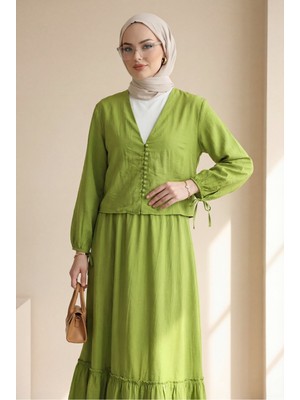 Moda Morfo V Yaka Kolları Bağcıklı Top Düğmeli Etekli Viskon Takım  -Yağ Yeşili