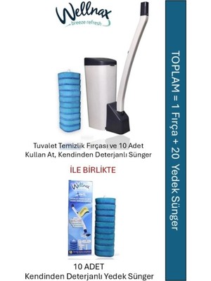 Wellnax Breeze Refresh Wellnax, Süngerli Tuvalet Temizlik Seti (1 Adet) + Kendinden Deterjanlı 10'lu Yedek Sünger (1 Adet)