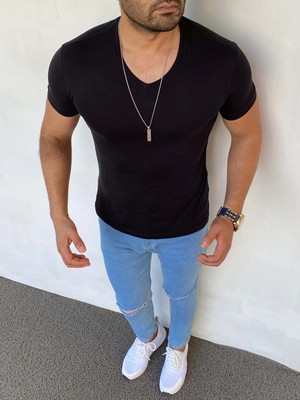 Modefendicom Slim Fit Pamuk Likra Basic V Yaka Tshırt