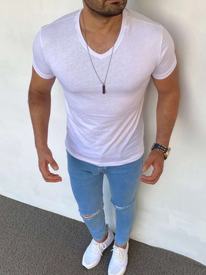 Modefendicom Slim Fit Pamuk Likra Basic V Yaka Tshırt