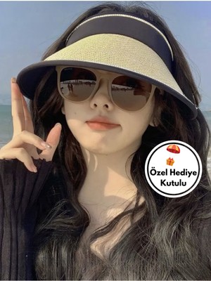 Moda Nokta Bej Vizör Hasır Şapka - Tenis/golf Kadın Şapka - Ayarlanabilir & Katlanabilir Siperlik