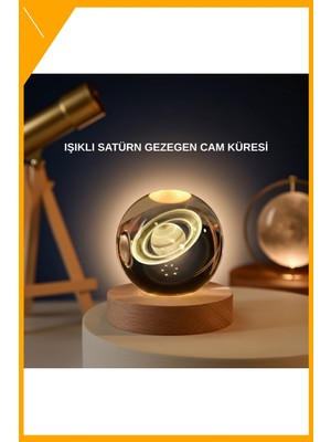 Esplendor Satürn Gezegenli Kristal Küre LED Lamba Usb’li Ahşap Standlı