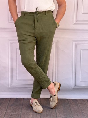 Modefendicom Kırışık Kumaş Kırçıllı Keten Pantolon